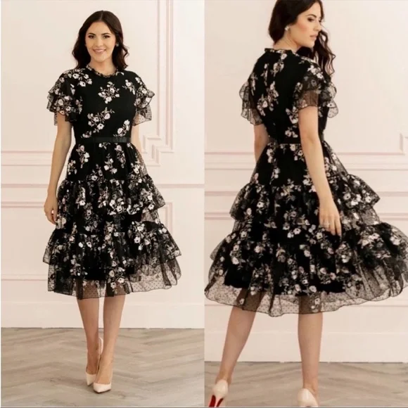 rachel parcell embroidered tiered mesh dress Rachel Parcell Pink Lace Tiered Midi Dress- Size XL (sold out online) main image 1